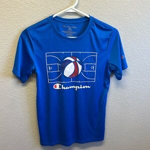 Champion royal blue polyester short sleeve T shirt with basketball logo.